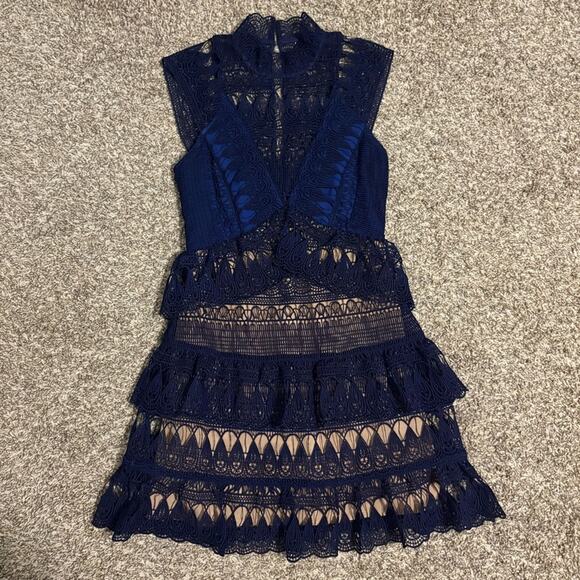 Self Portrait Teardrop Paneled Guipure Lace Mini Dress Holiday Blue Size 4 - Picture 4 of 11